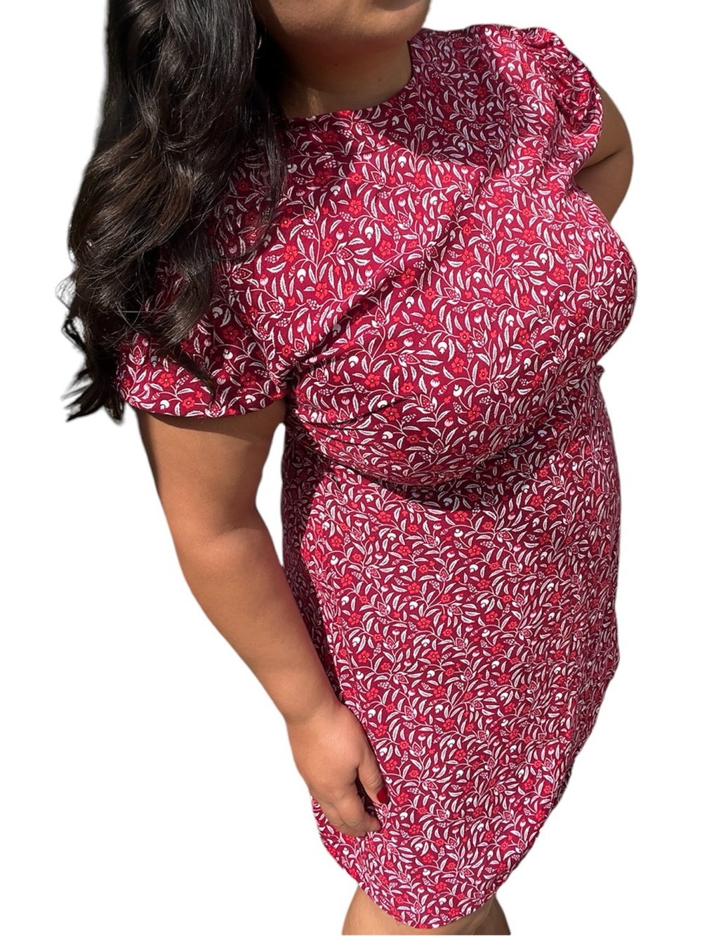 Red Floral Puff-Sleeve Shift Dress